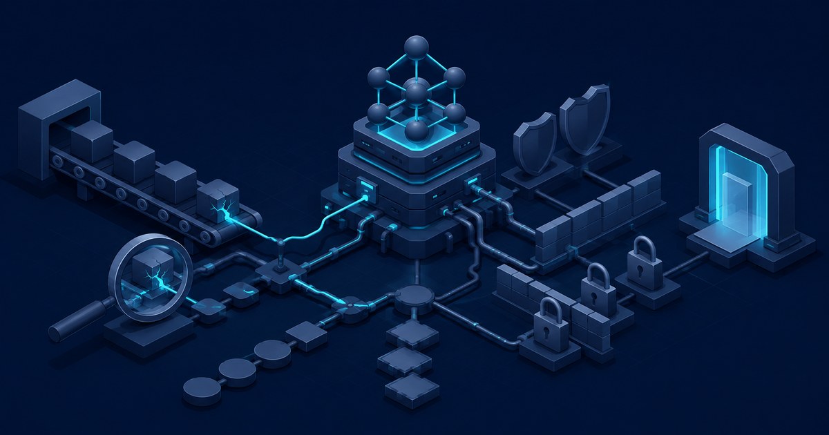 Isometric dark-blue network scene with an AI node, breached package, firewall, locks, shields, portal, and magnifying glass.