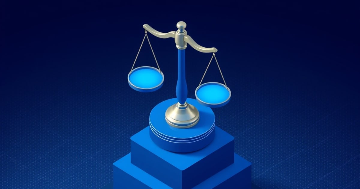 Flat isometric illustration of gold balance scales with two glowing blue pans, standing on a stepped blue plinth against a dark blue dotted background.