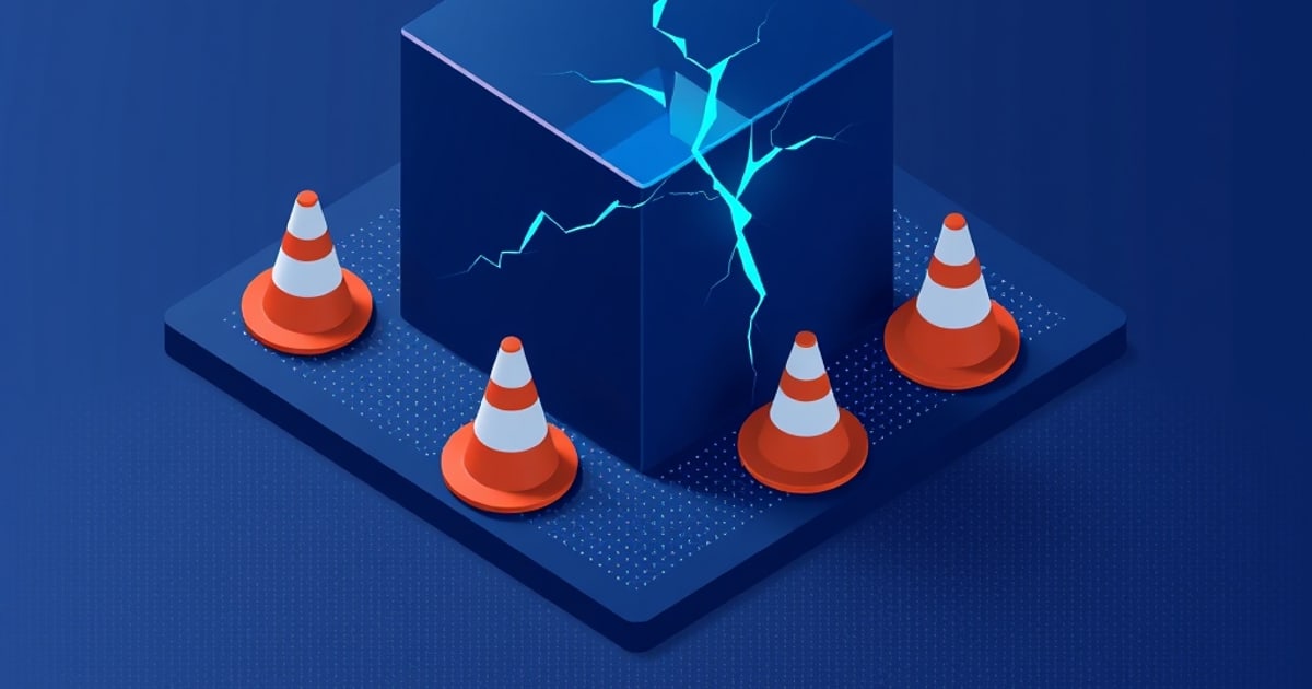 Flat isometric illustration of a dark blue cube split by a bright cyan lightning crack, surrounded by four orange and white traffic cones on a blue slab.