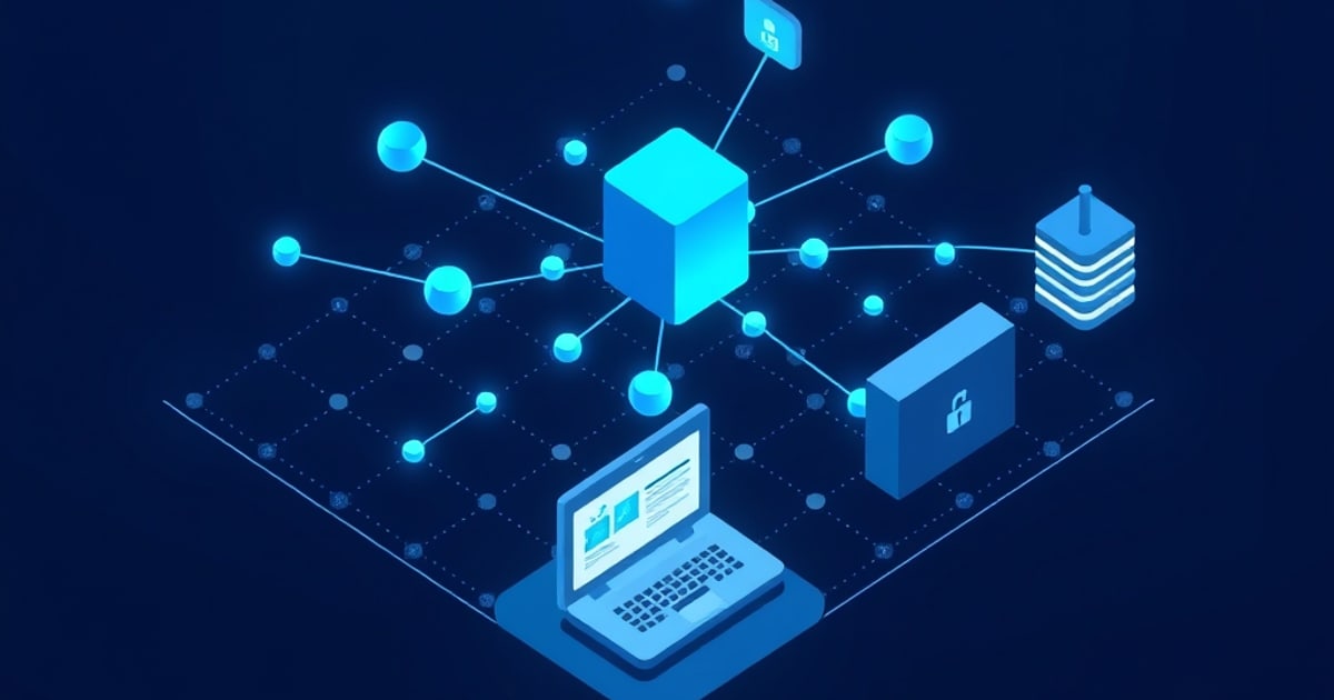 Isometric glowing blue network of nodes linking a central cube to a laptop, padlocked vault and database stack, evoking a breached store of identity records