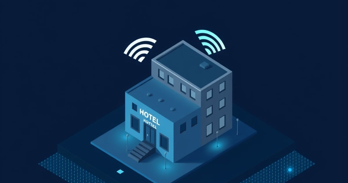 Isometric hotel building at night with glowing Wi-Fi arcs on its roof and forecourt, representing hijacked hotel captive portals