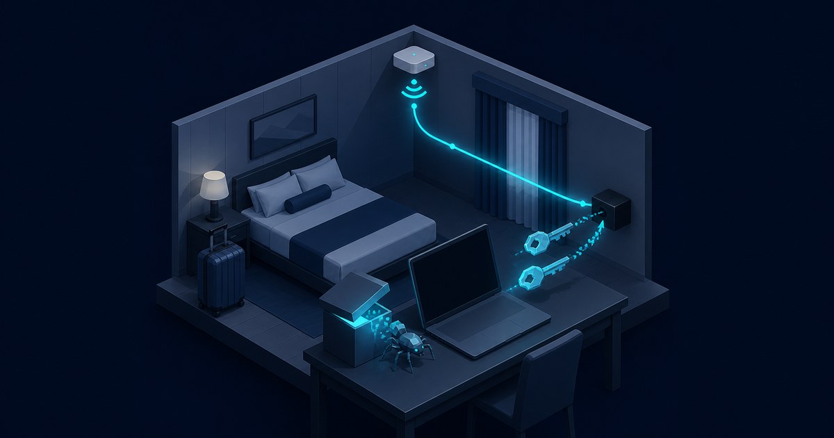 Dark isometric hotel room with a laptop, glowing Wi-Fi path, two digital keys, and a spyware-like bug emerging from a box.