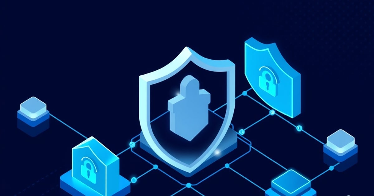 Isometric vector illustration showing interconnected machine learning models and security protocols for supply chain risk management.