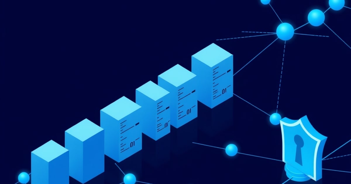 Flat isometric illustration of blue server towers ascending like a bar chart, joined by a molecule-style network and a keyhole shield.