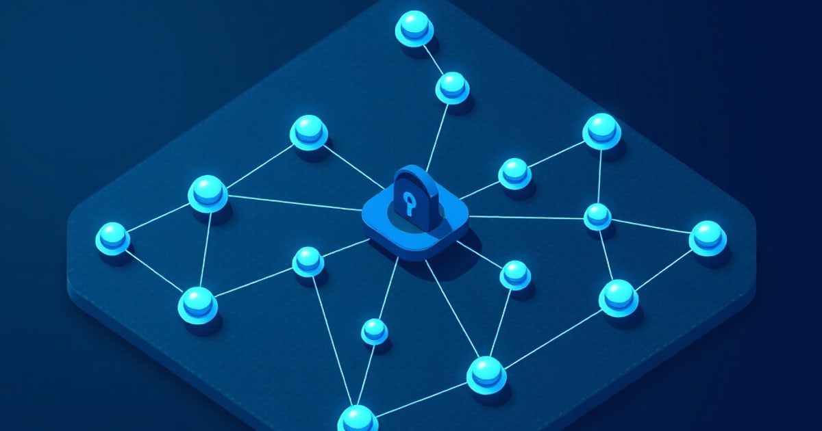 Isometric illustration of a padlock on a raised platform surrounded by glowing network nodes, representing security of a large AI provider